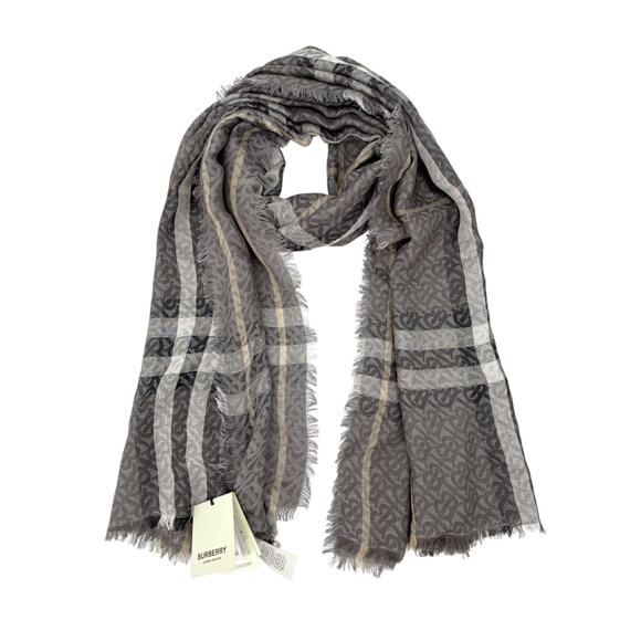 BURBERRY TB Giant Check Gauze Wool & Silk Scarf in Charcoal - Picture 1 of 10